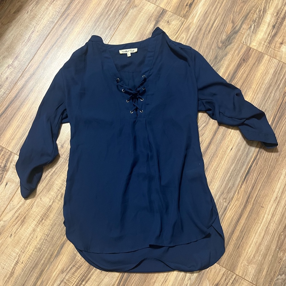 Womens Navy Sheer lace-up Top-M